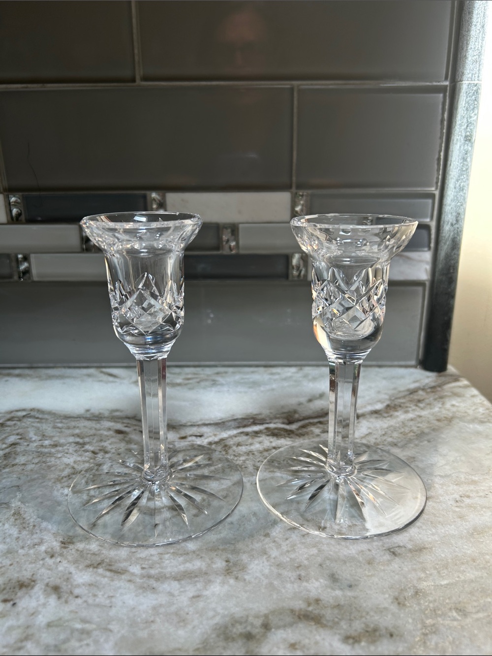 Waterford crystal Lismore Vertical Candlesticks Faceted Stem 5.5/8 holders pair